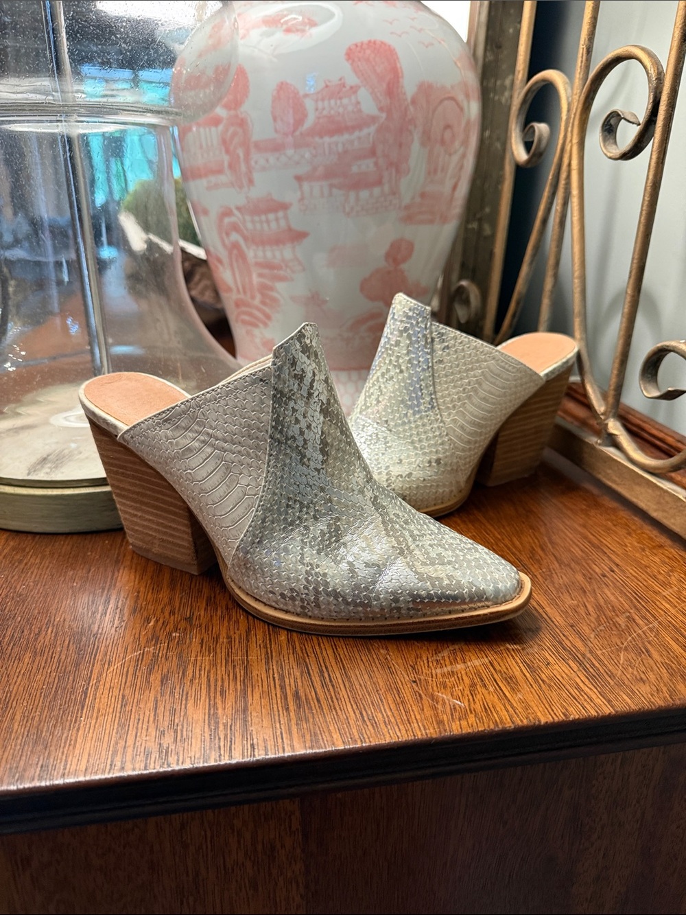 Chinese Laundry Cream Textured Snakeskin Mule Heels